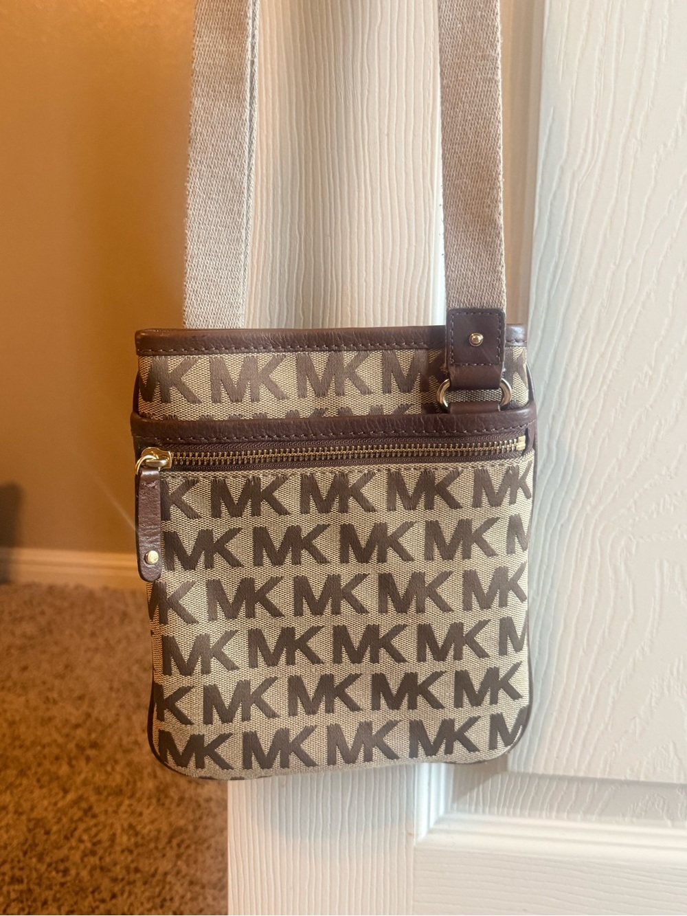 Michael Kors Brown and Beige MK Logo Messenger Crossbody